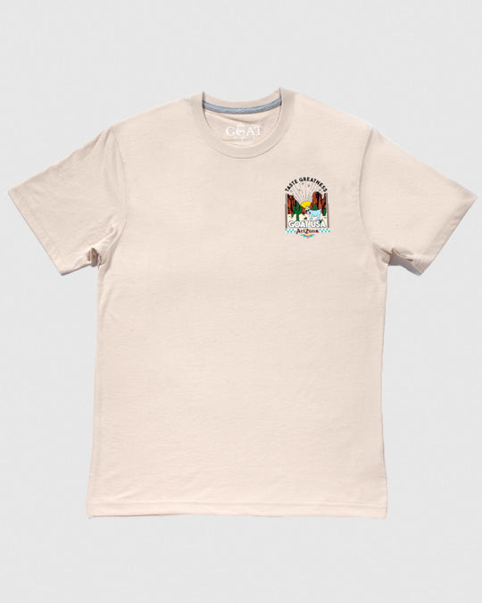 Sandshell t-shirt with left chest graphic of goat in a desert