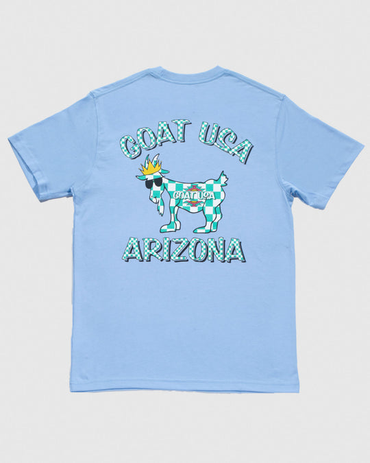 Carolina blue t-shirt with AriZona can goat desiign