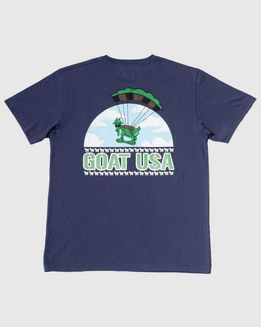 Navy T-Shirt with toy-soldier goat parachuting down from the sky