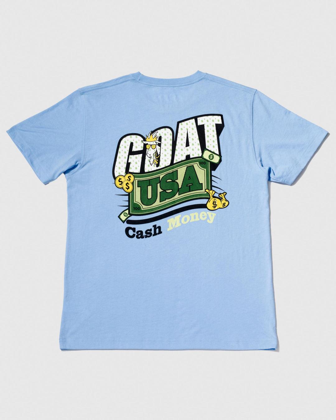 Carolina Blue T-Shirt with goat money design (Coins, Dollar Bills, Cash Bags)