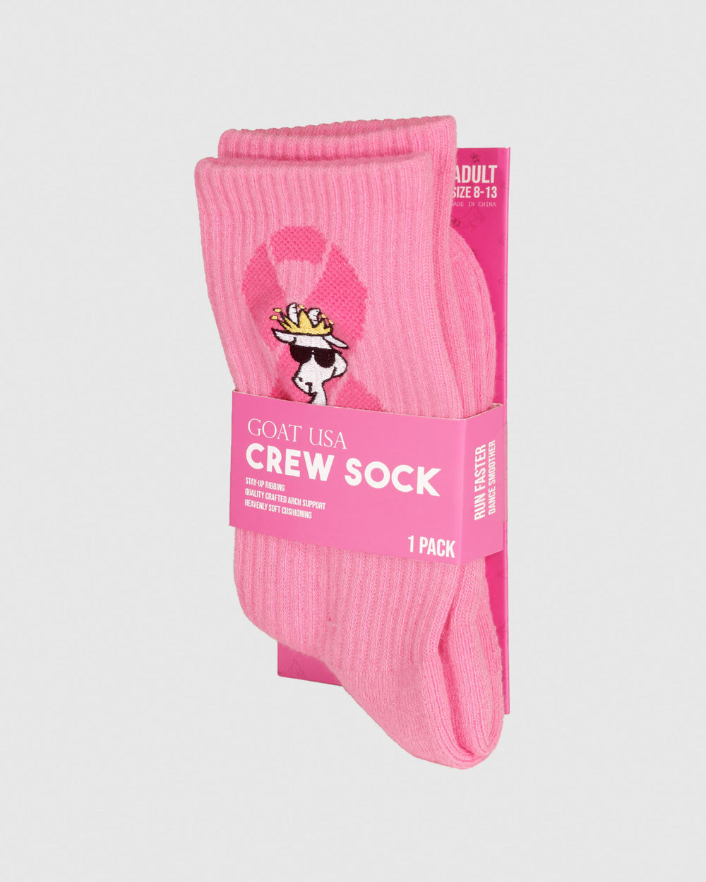 Pink socks with the Breast Cancer Awareness logo and a white goat in the packaging