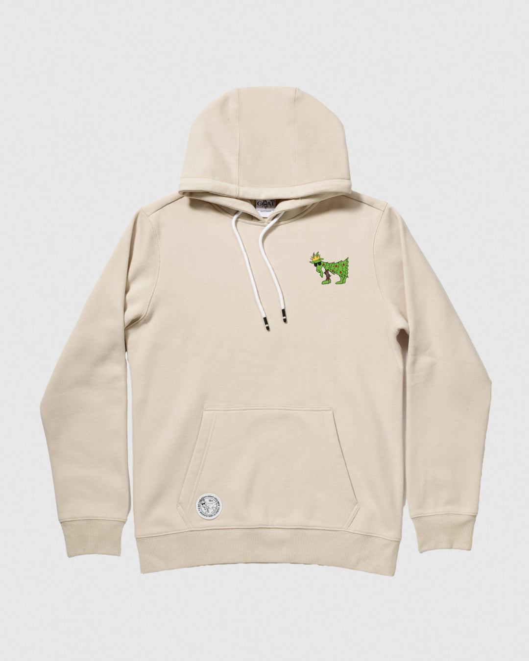 Front of sandshell sweatshirt with Christmas tree goat