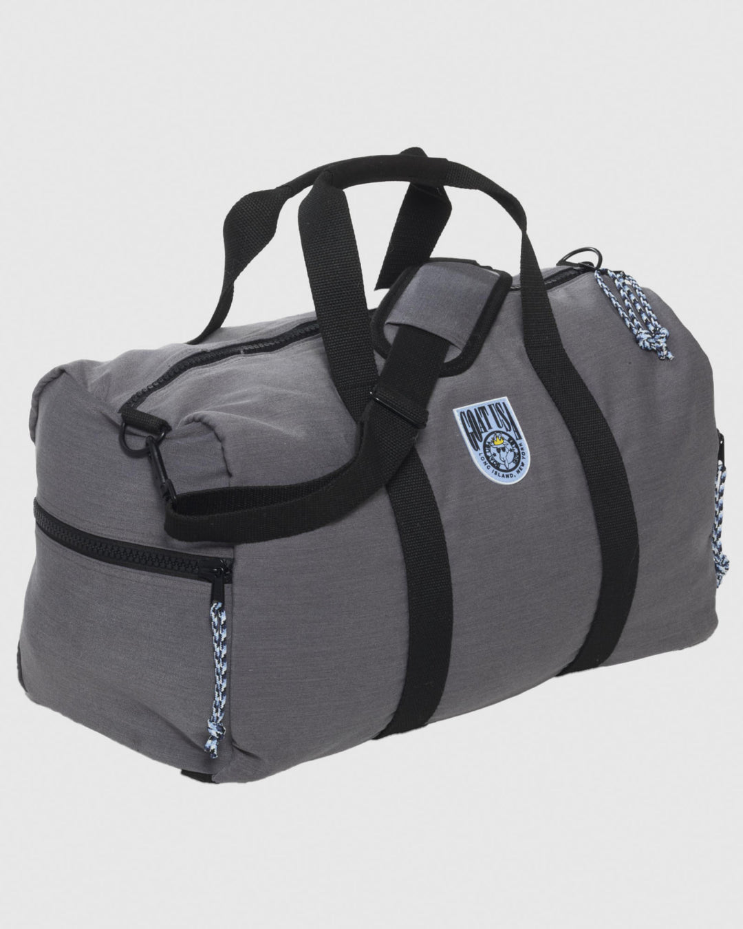 Angled view of gray duffle bag#color_gray