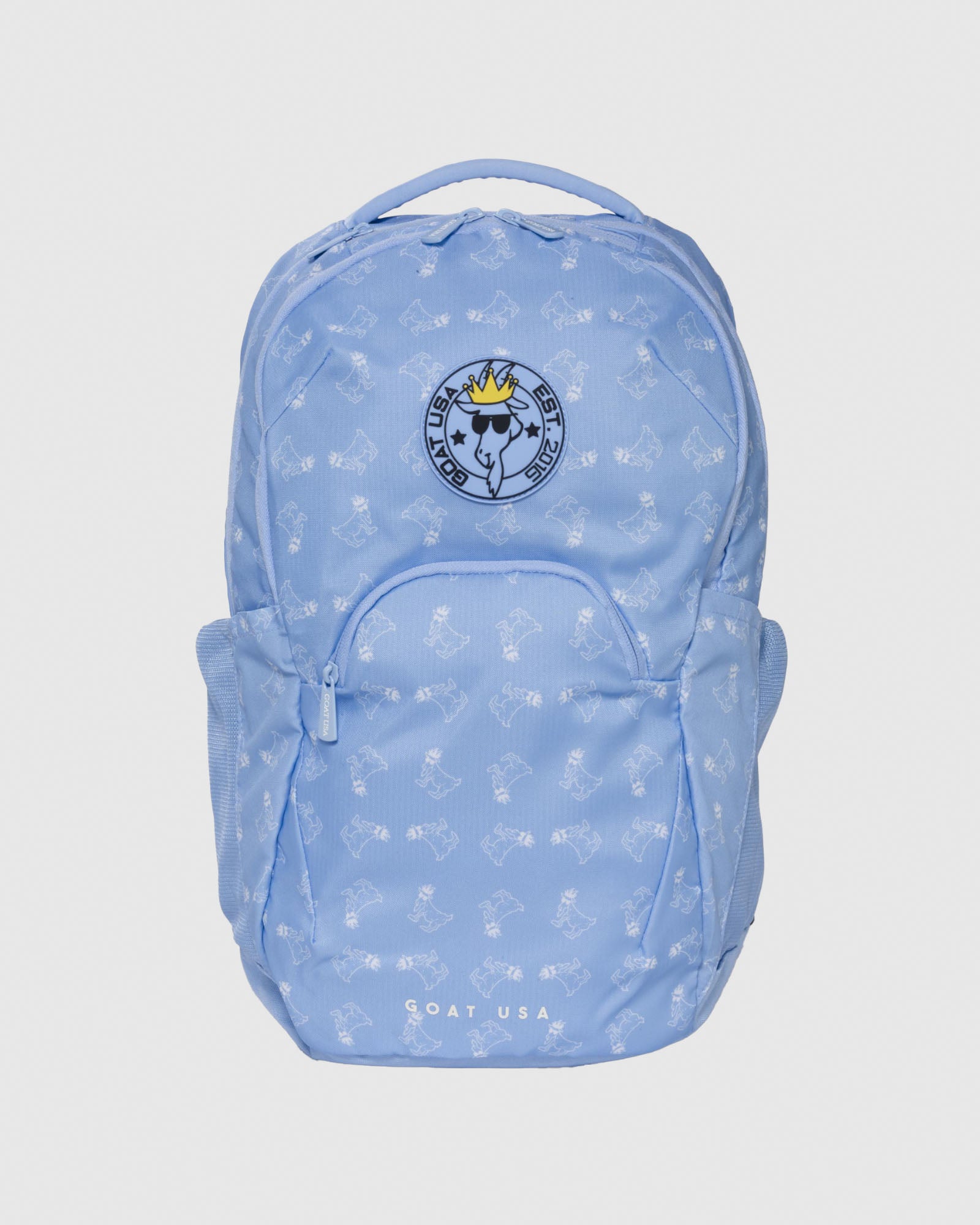 Front of Carolina Blue backpack with white goats#color_carolina-blue