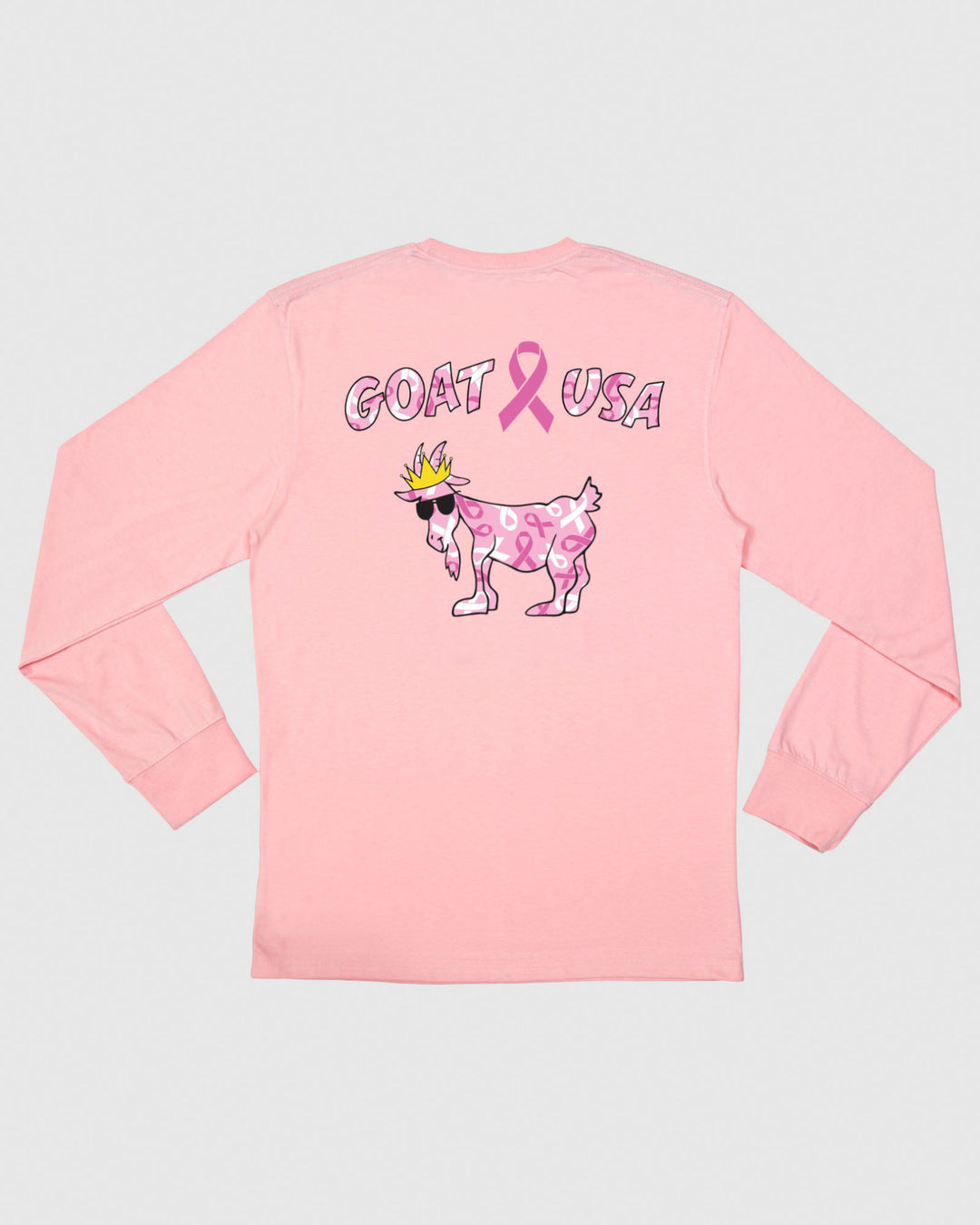 Pink long sleeve with breast cancer awareness logo and goat