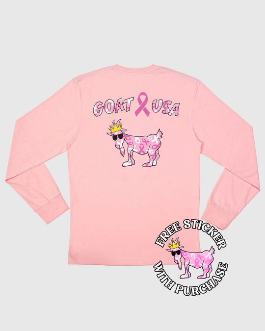 Pink long sleeve with breast cancer awareness logo and goat