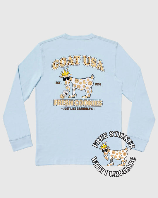 Ice blue long sleeve with cookies and milk goat