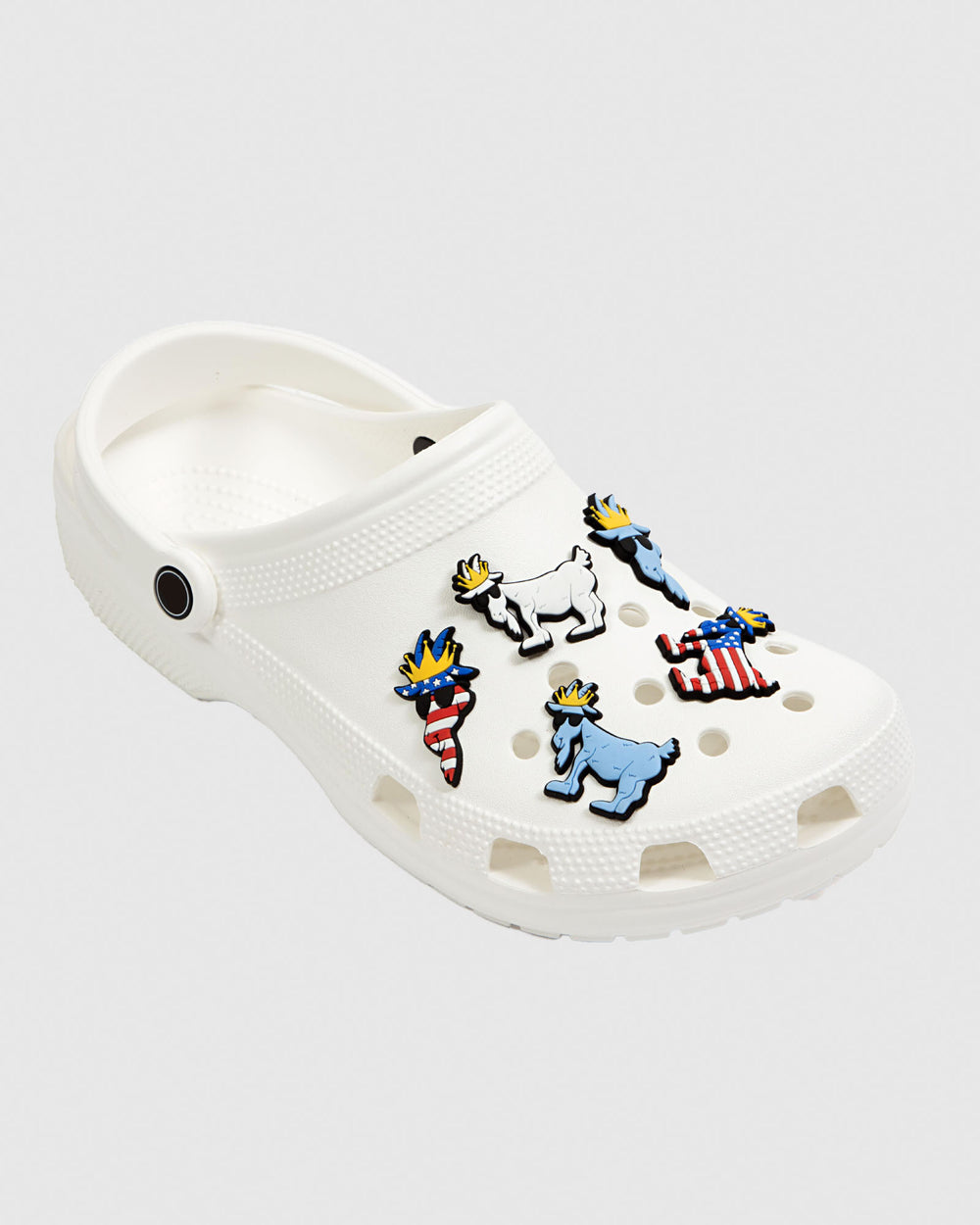 White clog with company logo shoe charms#style_og