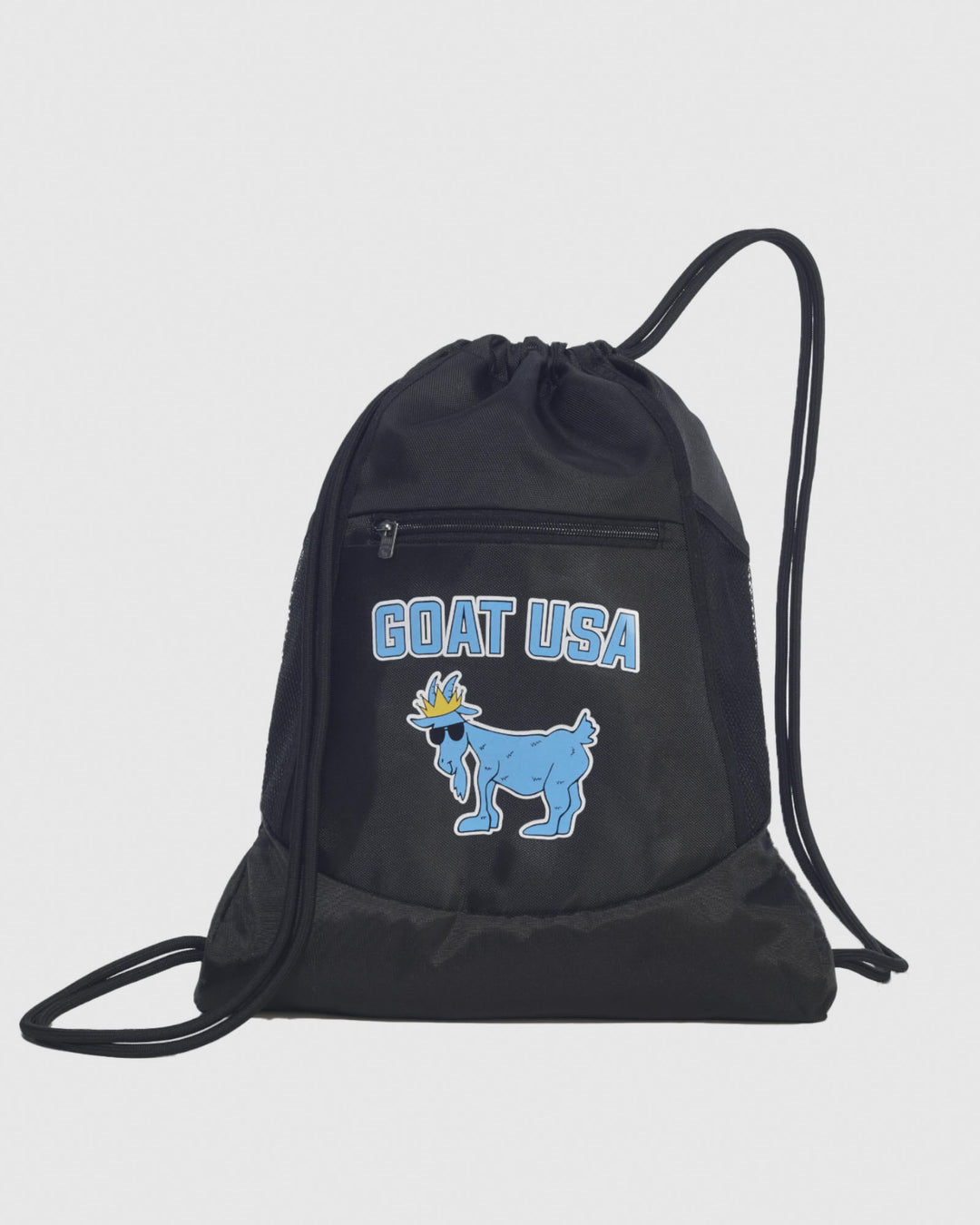 Black drawstring bag with blue lettering and goat