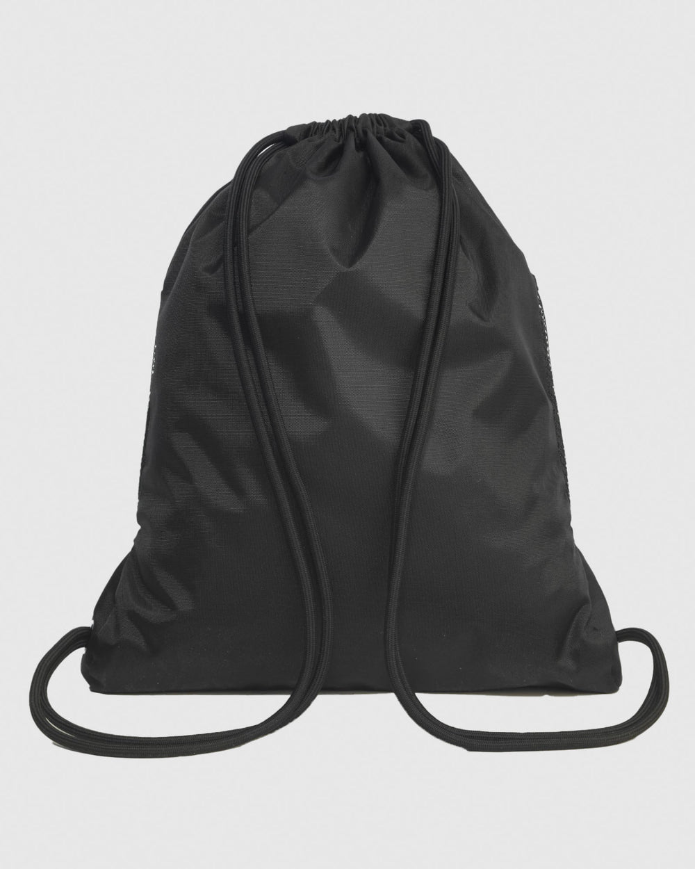 Back of black drawstring bag