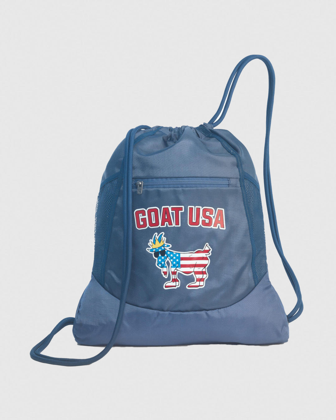 Navy drawstring bag with red lettering and American flag goat