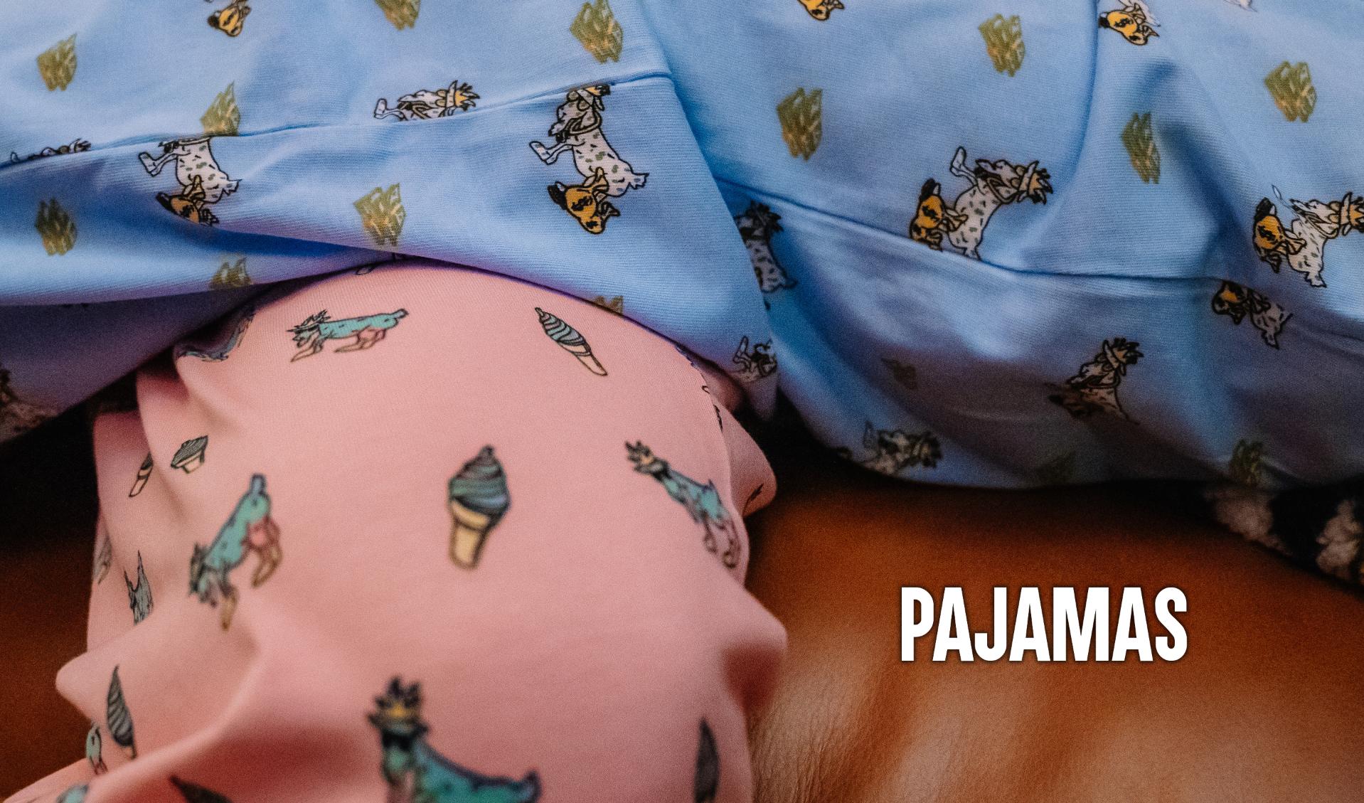 Close-up of pink and blue pajama pants