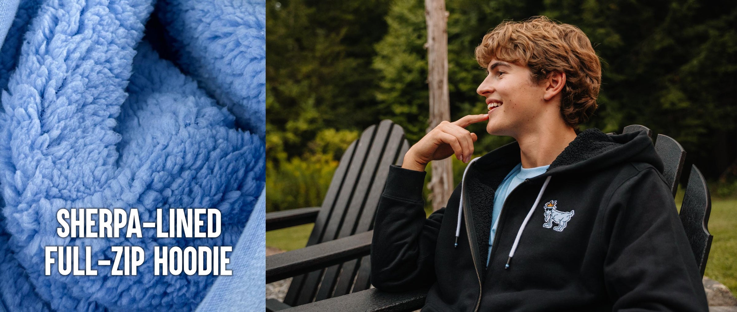 Detailed shot of sherpa-lining side by side with a kid sitting outside in a lawn chair