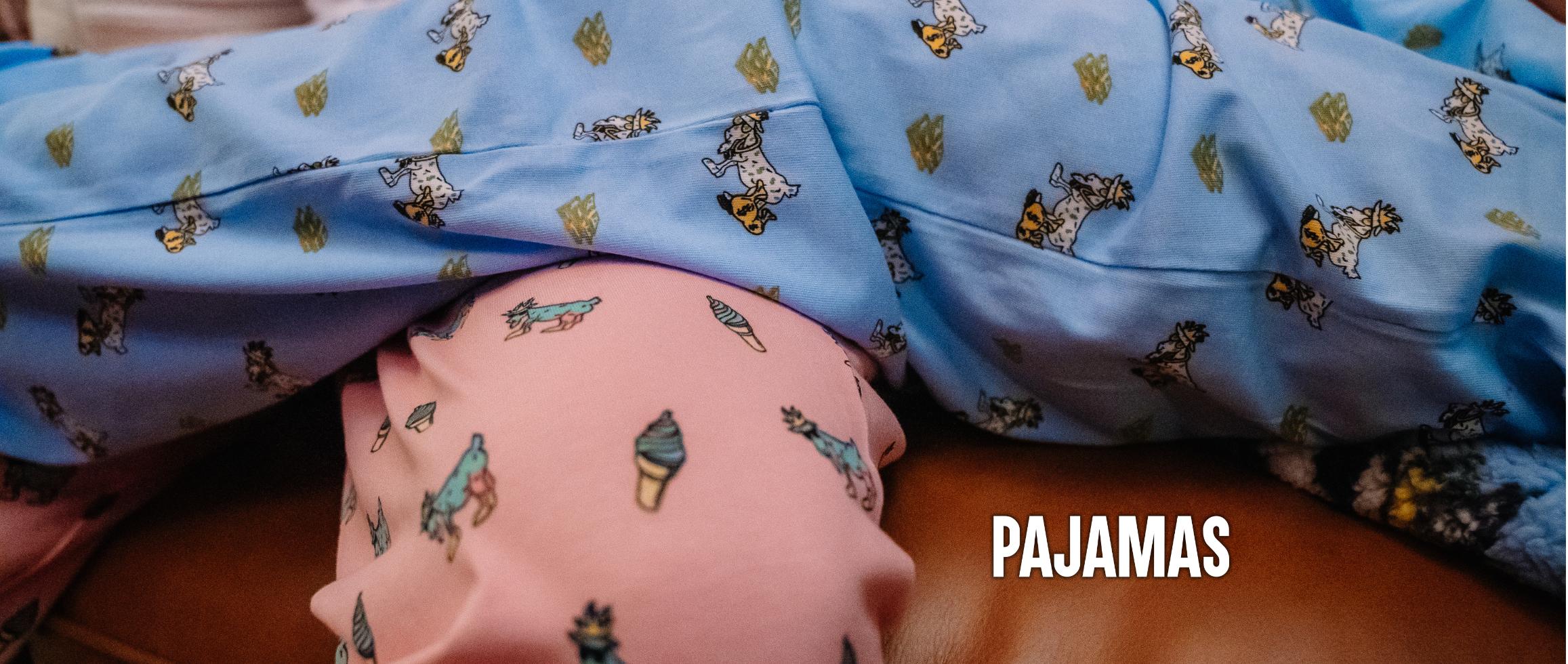 Close-up of pink and blue pajama pants