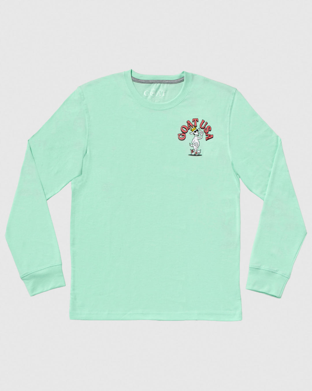 Mint long sleeve with bipedal goat holding up the number one left chest logo