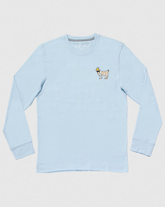 Ice blue long sleeve with cookie goat left chest logo