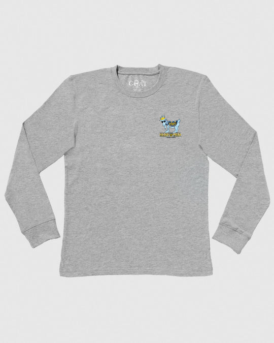 Hanukkah themed gray long sleeve with goat left chest logo