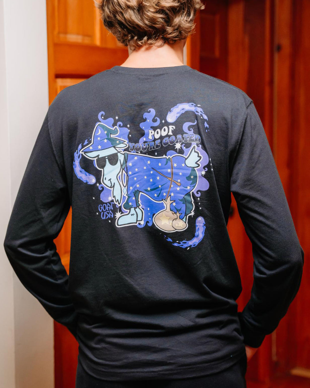 Back of wizard goat long sleeve on model