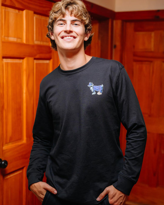 Front of wizard goat long sleeve on a model