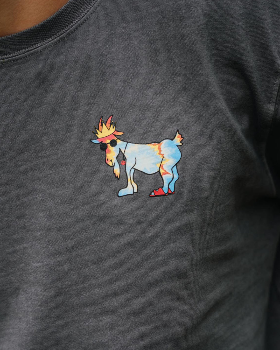 Close up of hippie goat left chest logo