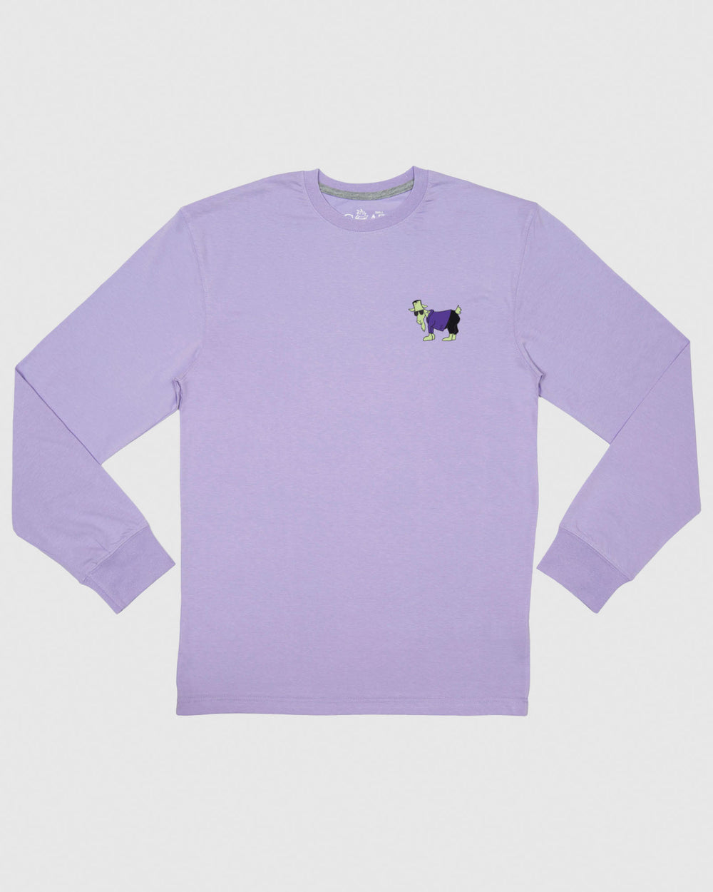 Lavender long sleeve with Frankenstein goat left chest logo