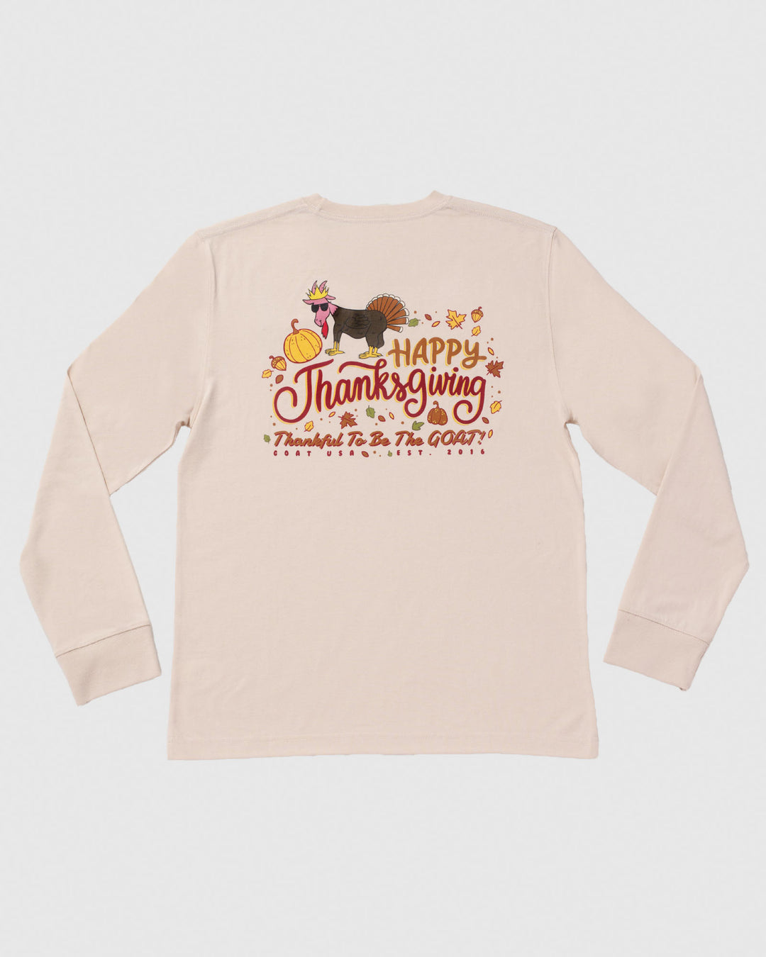 Back of Thanksgiving long sleeve with turkey goat