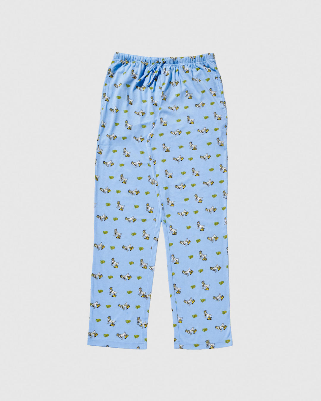 Blue pajama pants with dollar bills and money-themed goats