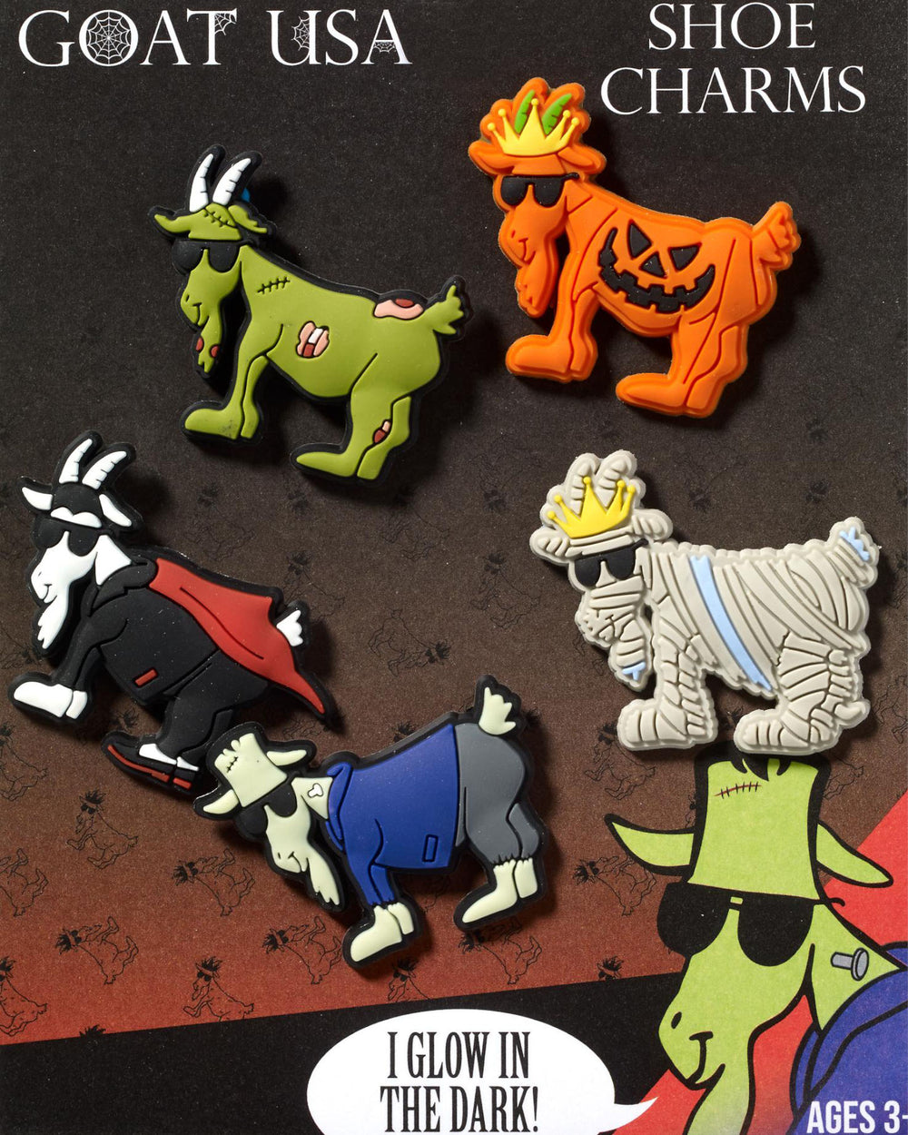 Halloween-themed goat shoe charms in package