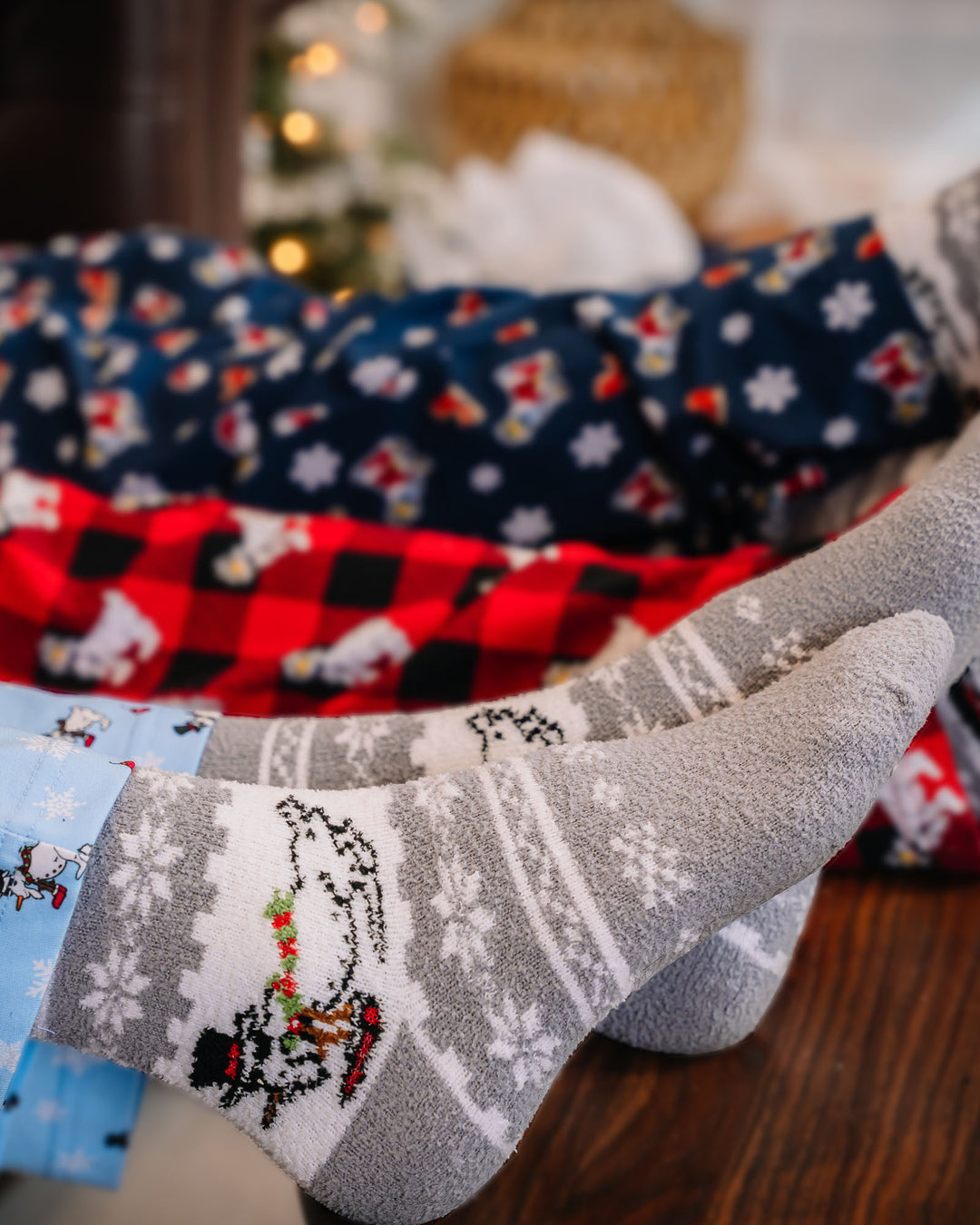 Close-up of holiday fuzzy socks on foot