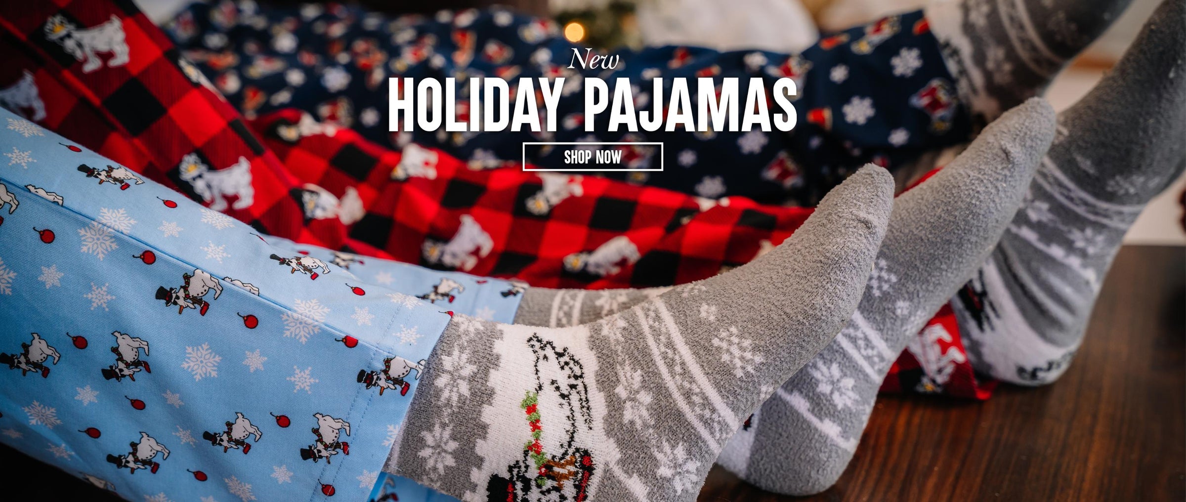 Close-up of holiday pajamas and fuzzy socks