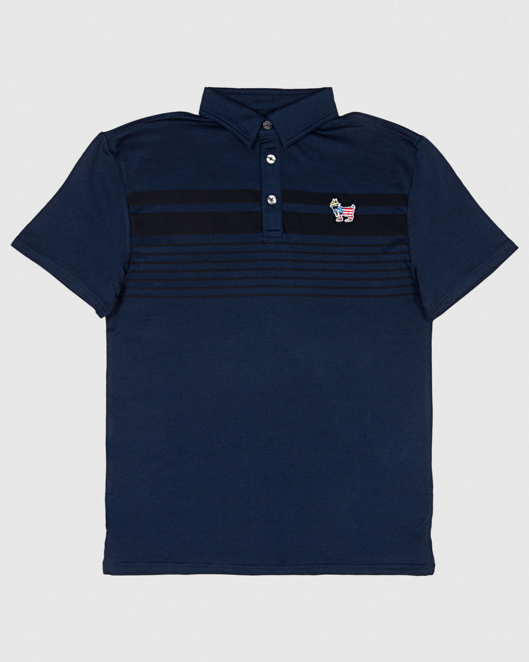 Navy polo with dark stripes and american flag goat