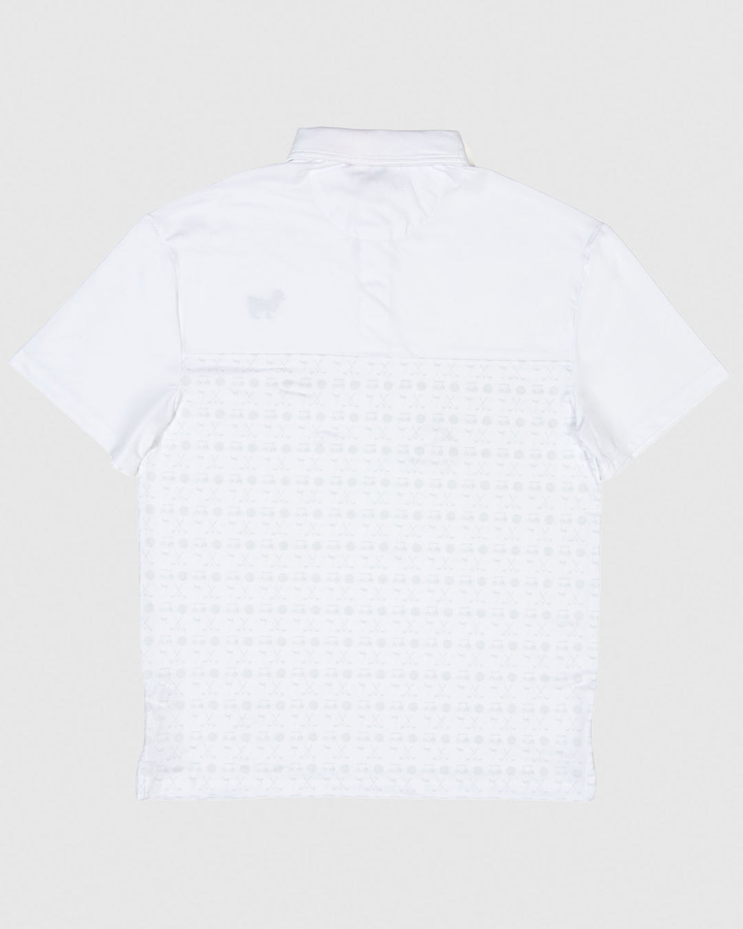 Back of white polo with subtle gray design