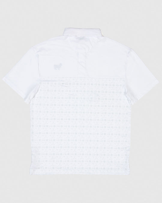 Back of white polo with subtle gray design