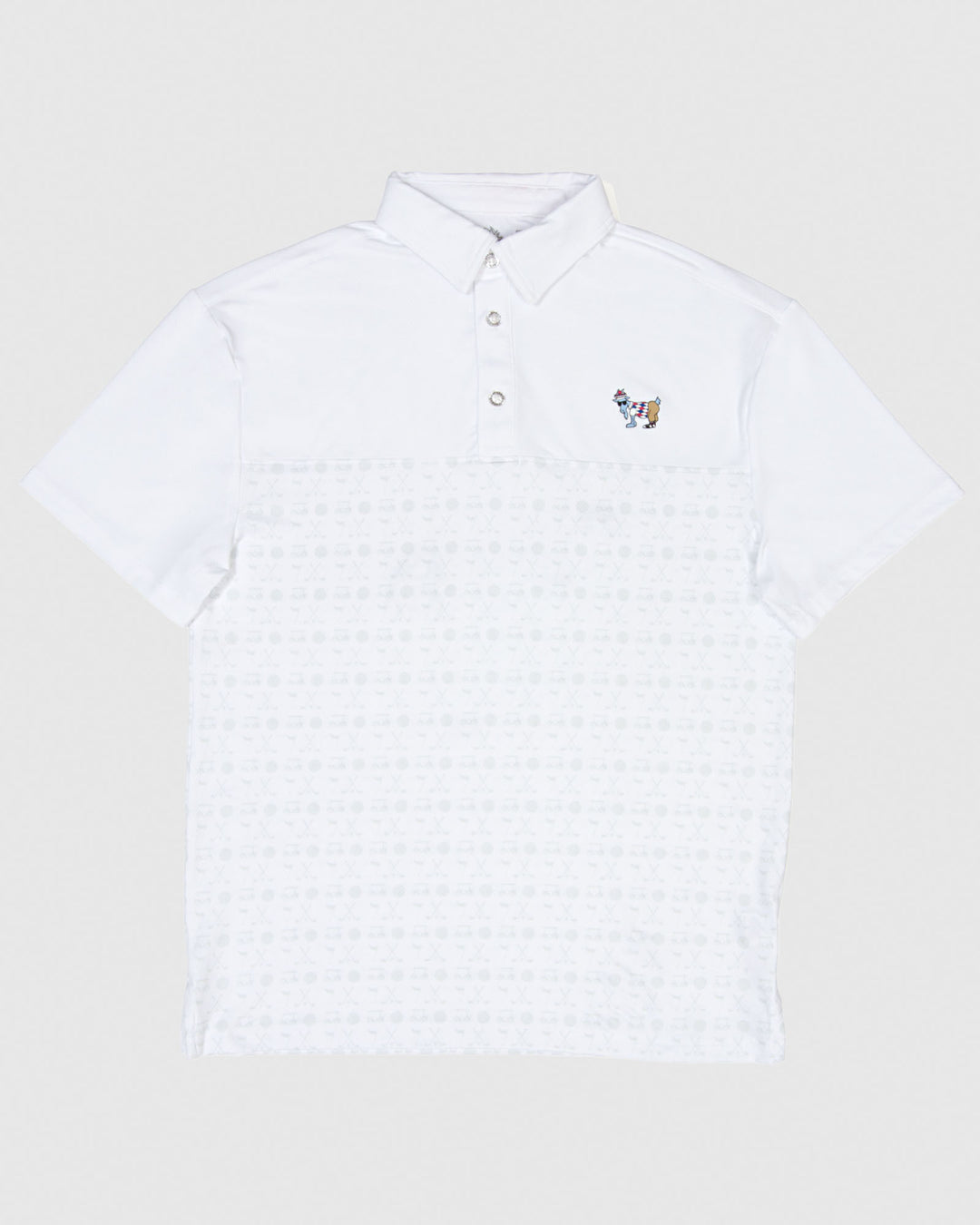 White polo with subtle gray golf design and golf goat