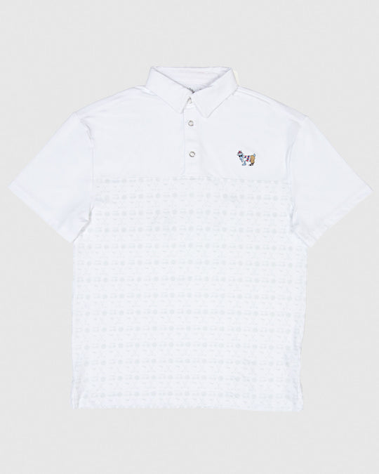 White polo with subtle gray golf design and golf goat