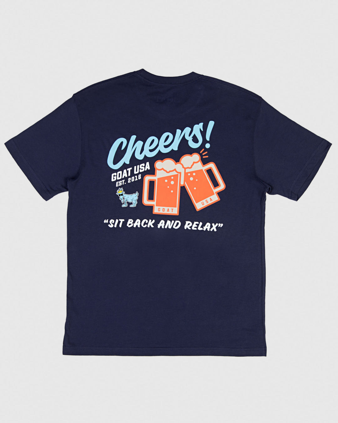 Back of navy t-shirt with two mugs "cheersing"