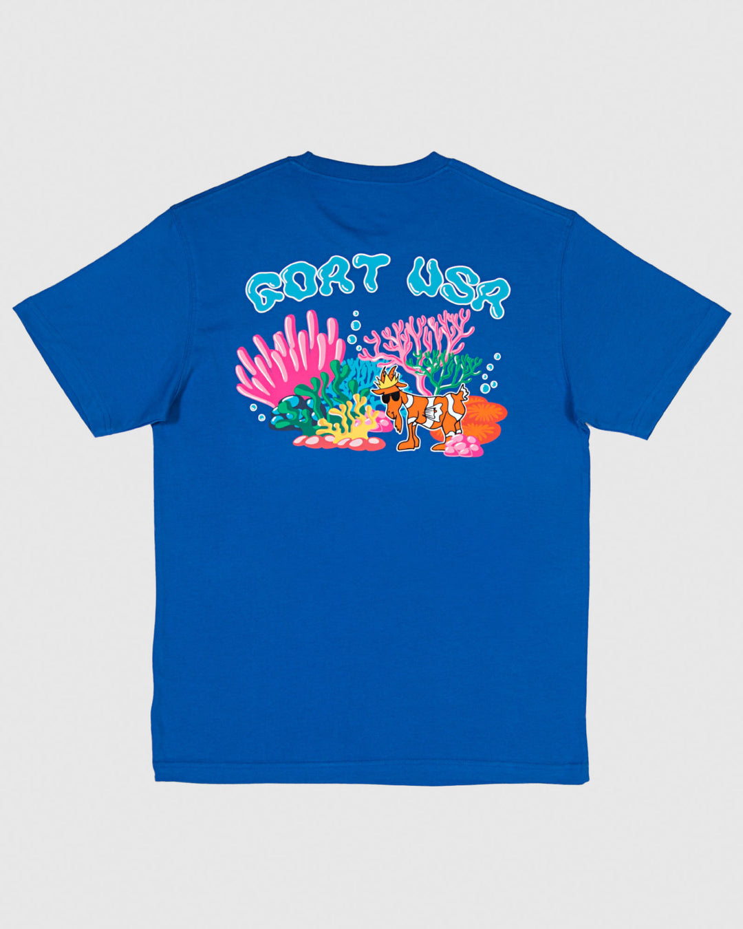Back of royal t-shirt with reef design and clownfish goat