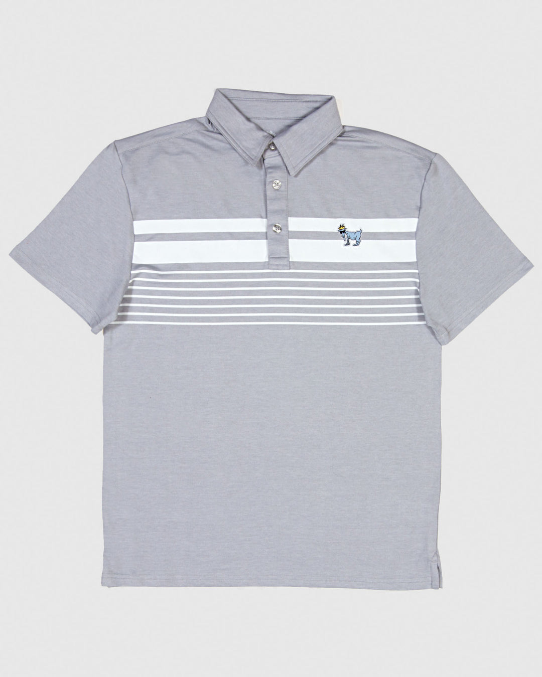Gray polo with white stripes and carolina blue goat#color_gray
