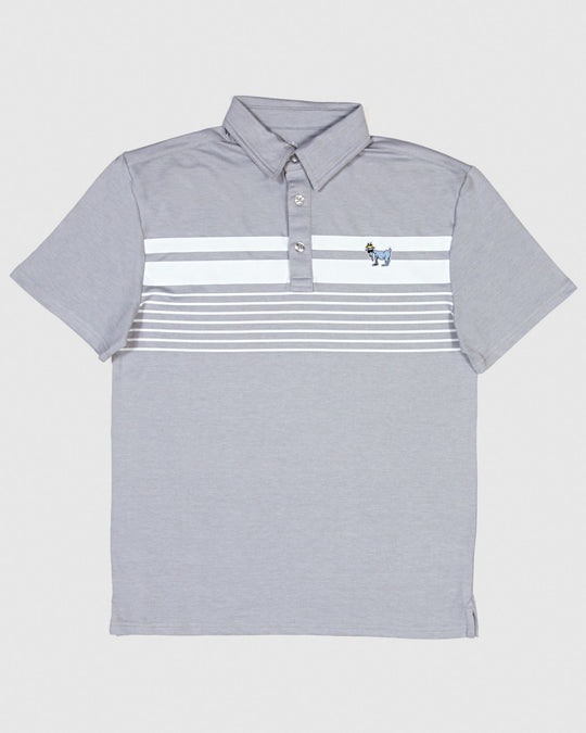 Gray polo with white stripes and carolina blue goat#color_gray