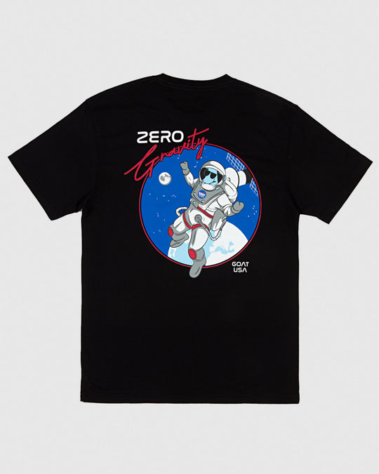 Black t-shirt with goat astronaut in space