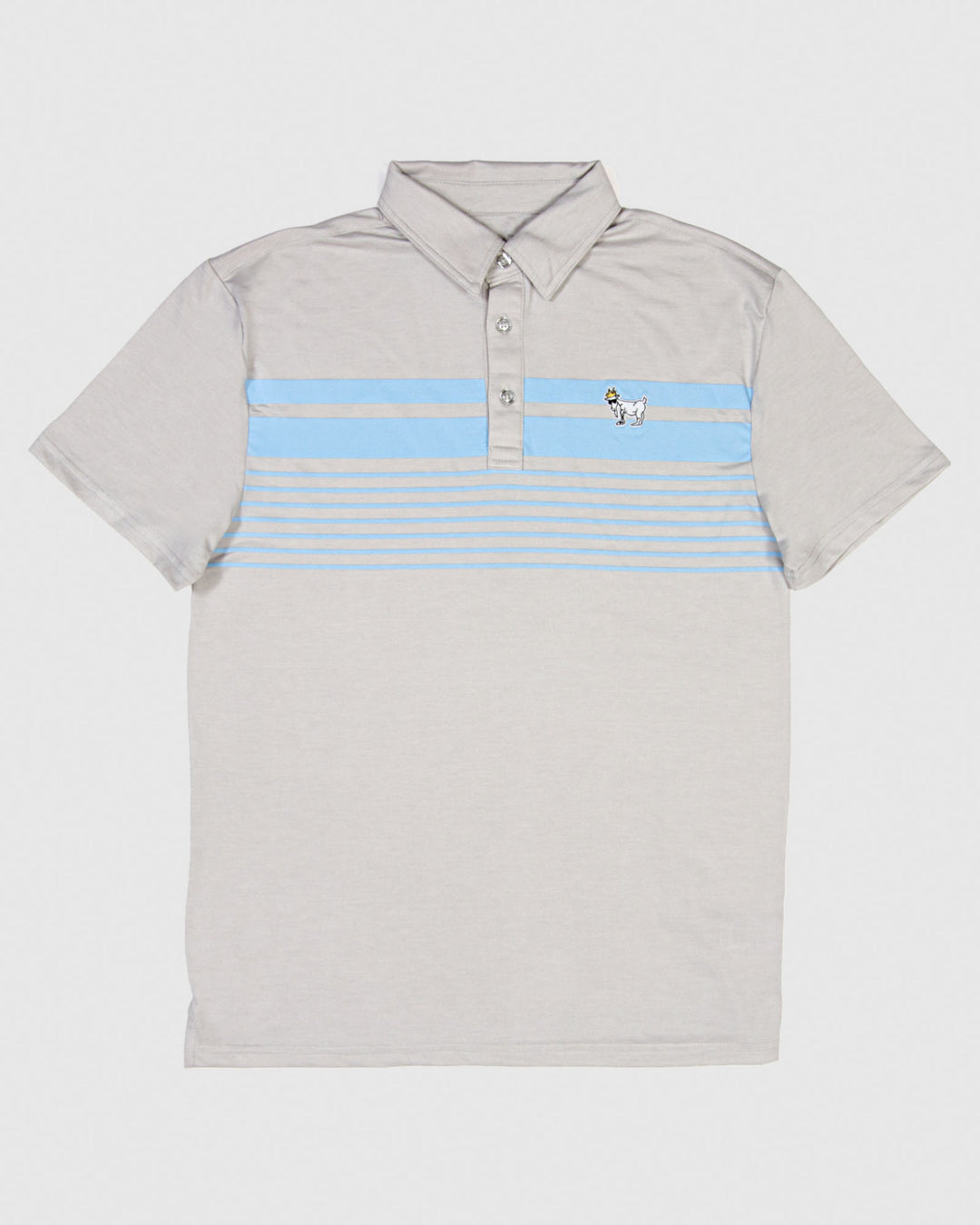 Light gray polo with carolina blue stripes and white goat#color_light-gray