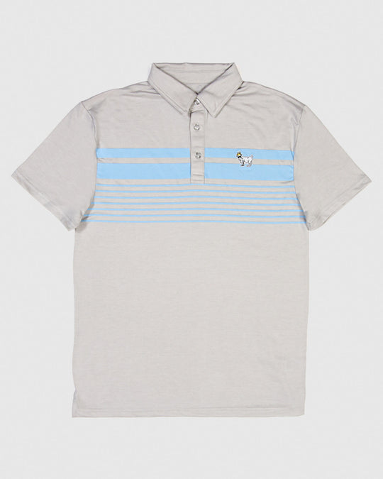 Light gray polo with carolina blue stripes and white goat#color_light-gray