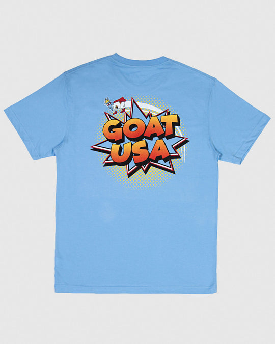 Back of carolina blue t-shirt with goat superhero and comic style text