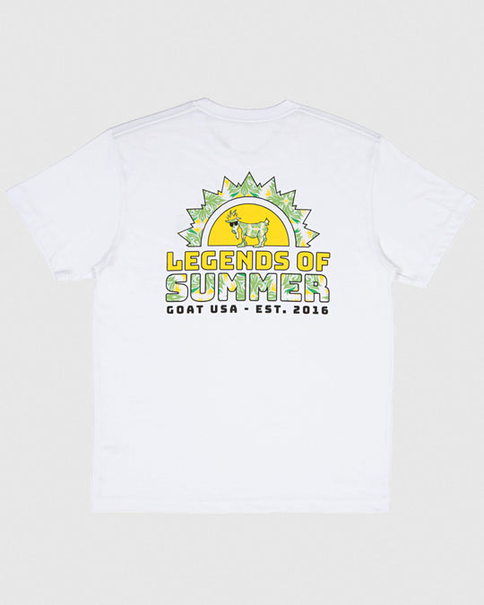 White t-shirt with sun design and yellow/green floral pattern