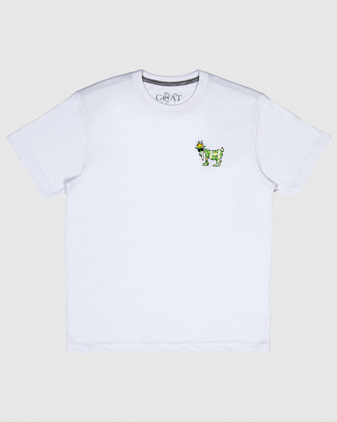 White t-shirt with yellow/green floral goat