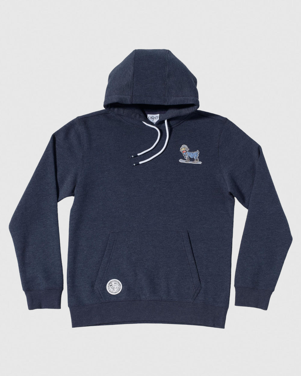 Navy sweatshirt with skiing goat left chest logo