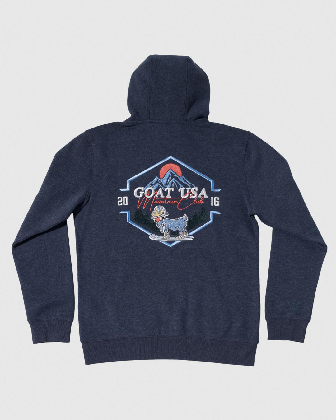 Navy sweatshirt with a skiing goat and a mountain in the background