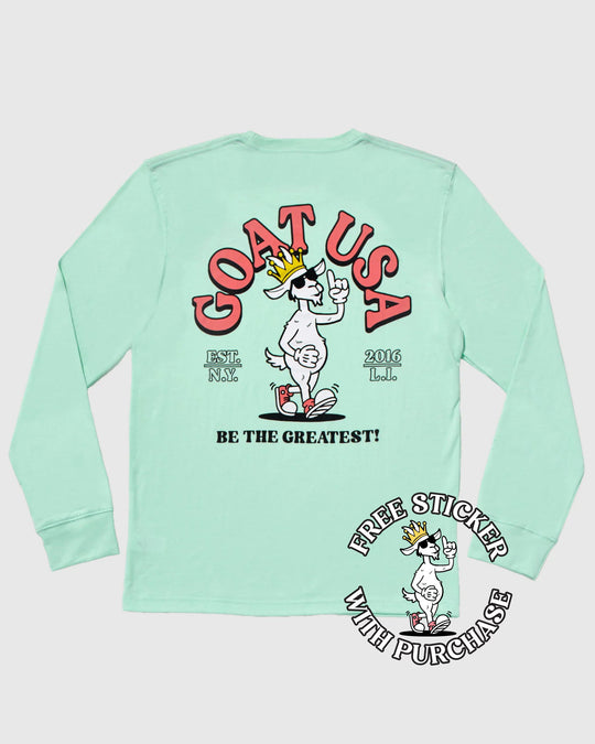 Mint long sleeve with bipedal goat holding up the number one