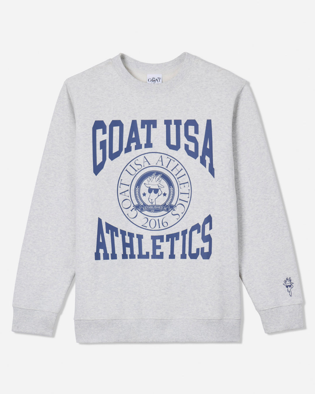 University style crewneck that reads "GOAT USA ATHLETICS"