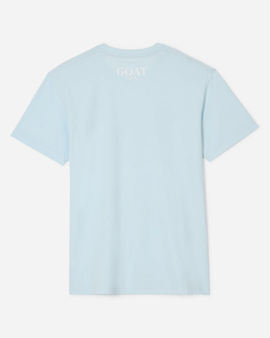 Back of ice blue-colored t-shirt with "GOAT USA" towards neck line#color_ice-blue